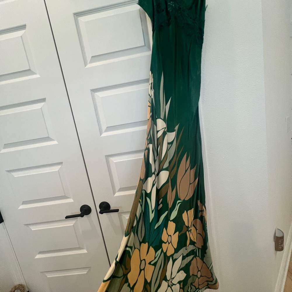 Anthropologie -bl-nk- label Emerald Green Satin Floral Maxi Dress - Picture 7 of 11